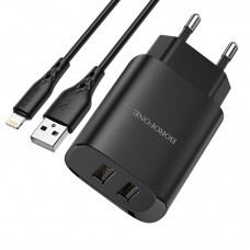 Tinklo įkroviklis 220V 5V 2.1A 2xUSB + USB micro 1m juodas (black) Borofone BN2